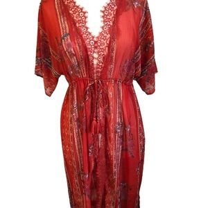 Boho brunt orange floral eyelash lace trim kimono style cover up